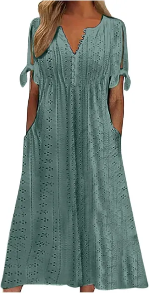 Photno Maxi Sundresses for Women 2025 Trendy Short Sleeve Eyelet Long Tshirt Dress Casual Summer Beach Vacation Hollow Dress