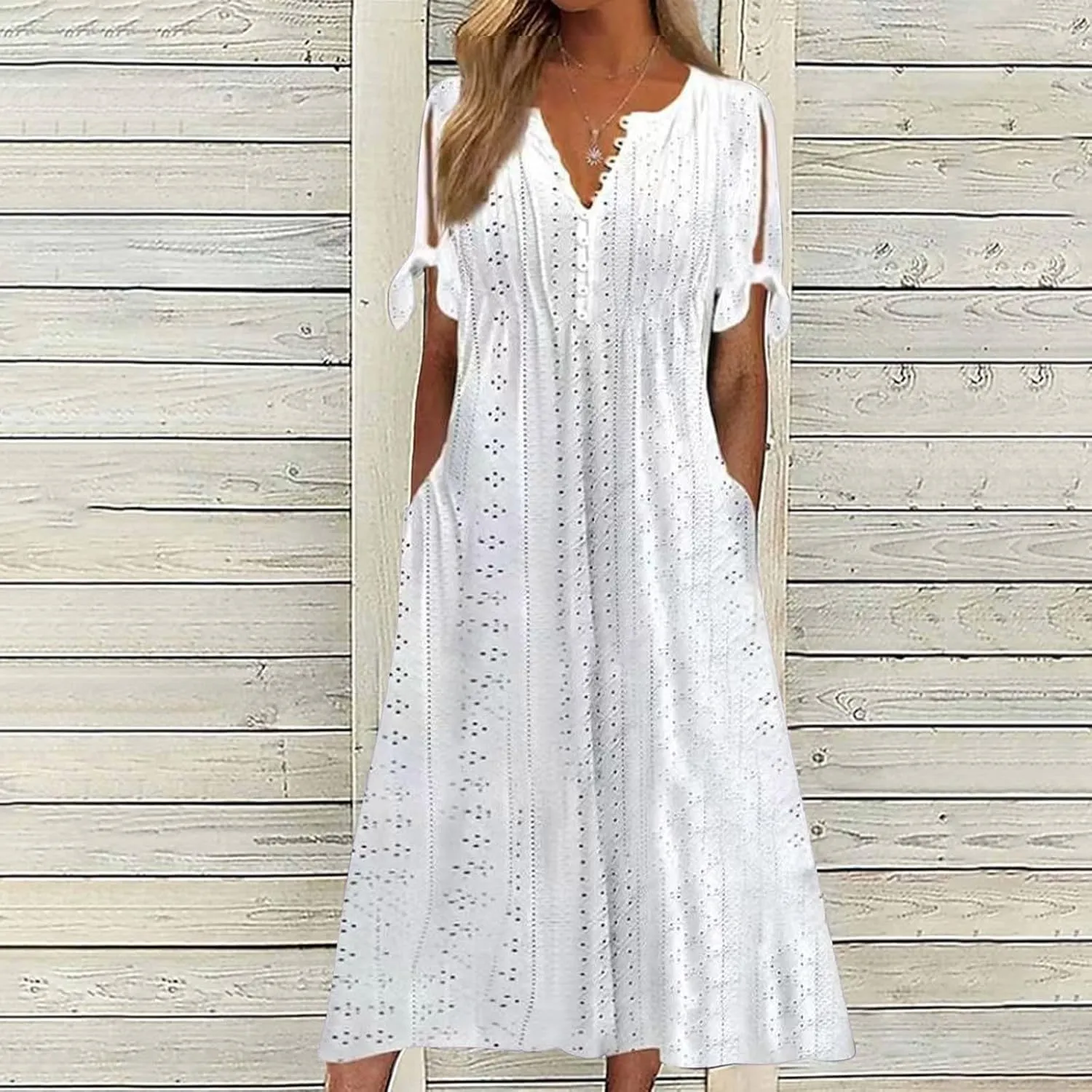 Photno Maxi Sundresses for Women 2025 Trendy Short Sleeve Eyelet Long Tshirt Dress Casual Summer Beach Vacation Hollow Dress