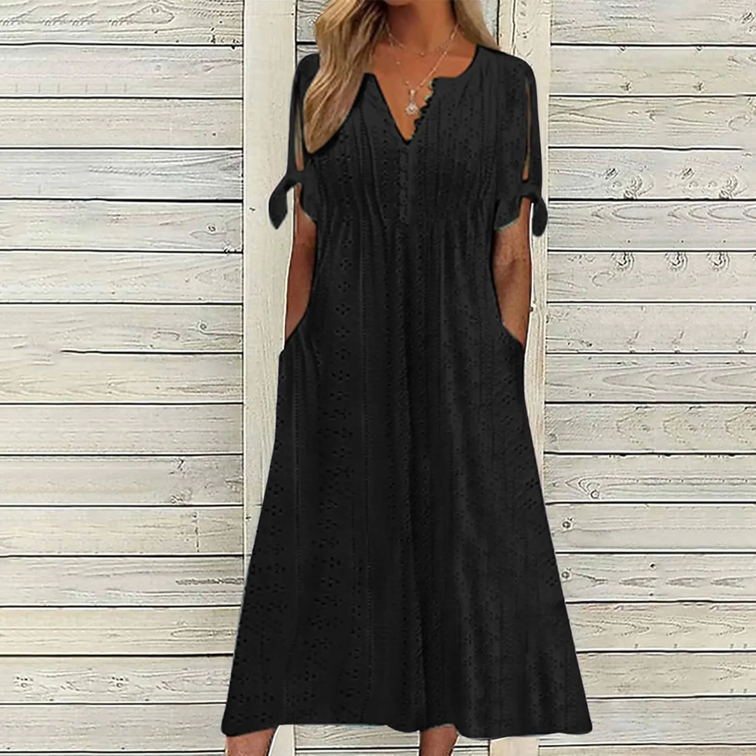 Photno Maxi Sundresses for Women 2025 Trendy Short Sleeve Eyelet Long Tshirt Dress Casual Summer Beach Vacation Hollow Dress
