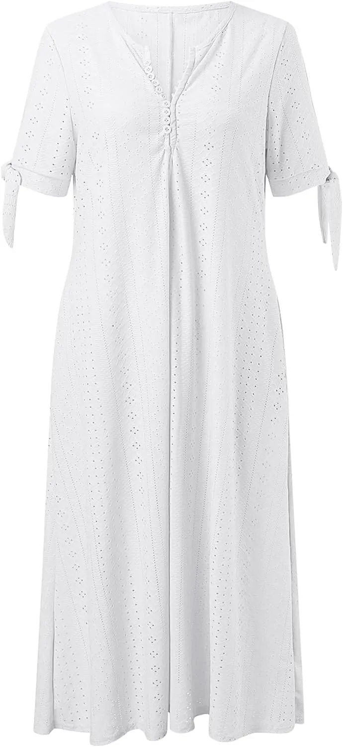Photno Maxi Sundresses for Women 2025 Trendy Short Sleeve Eyelet Long Tshirt Dress Casual Summer Beach Vacation Hollow Dress