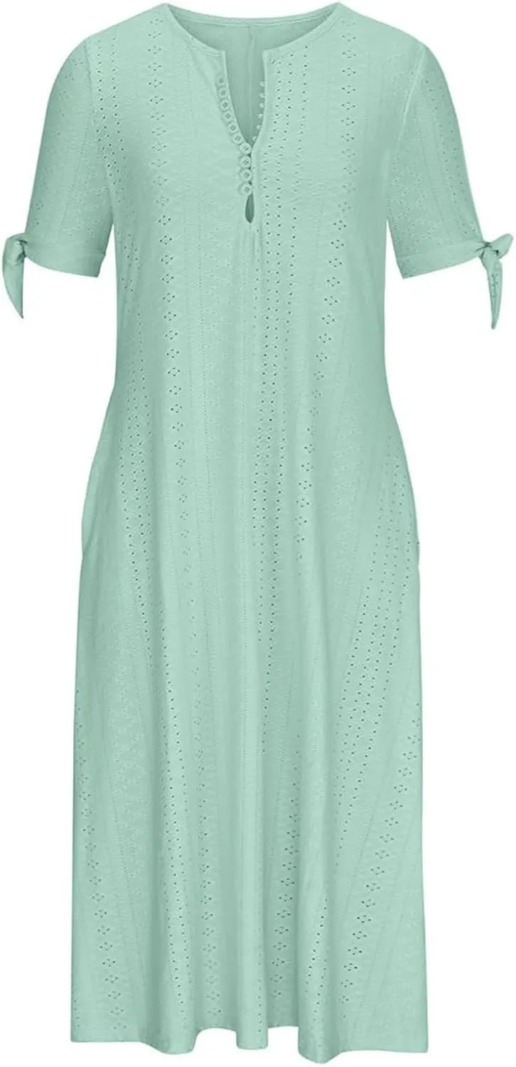 Photno Maxi Sundresses for Women 2025 Trendy Short Sleeve Eyelet Long Tshirt Dress Casual Summer Beach Vacation Hollow Dress