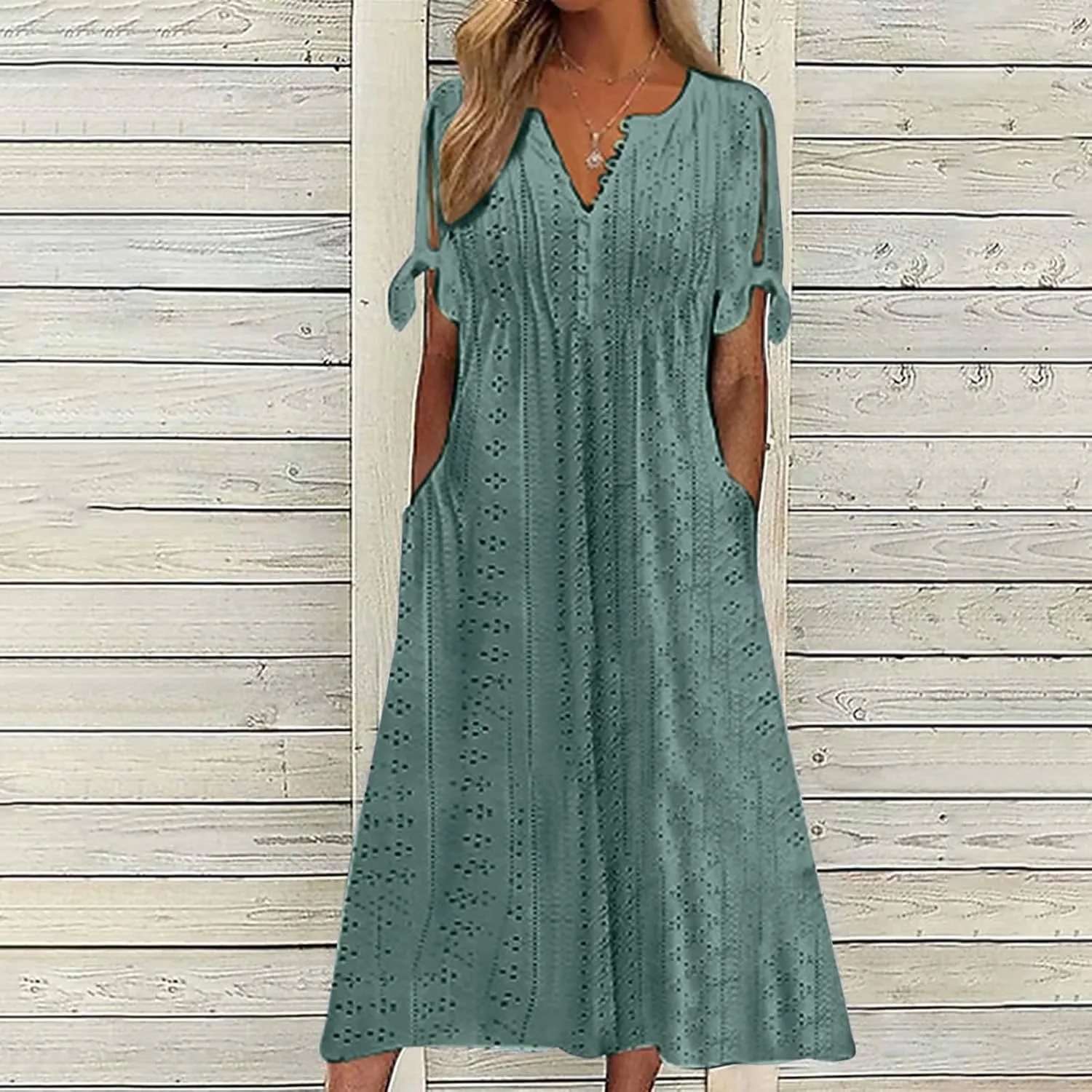 Photno Maxi Sundresses for Women 2025 Trendy Short Sleeve Eyelet Long Tshirt Dress Casual Summer Beach Vacation Hollow Dress