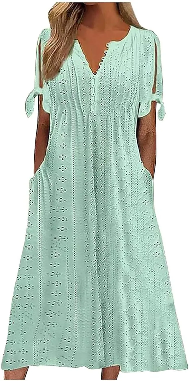 Photno Maxi Sundresses for Women 2025 Trendy Short Sleeve Eyelet Long Tshirt Dress Casual Summer Beach Vacation Hollow Dress