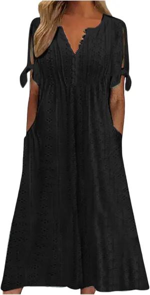 Photno Maxi Sundresses for Women 2025 Trendy Short Sleeve Eyelet Long Tshirt Dress Casual Summer Beach Vacation Hollow Dress