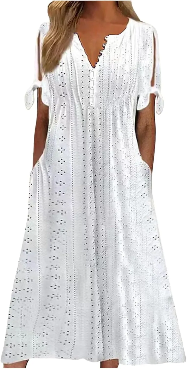 Photno Maxi Sundresses for Women 2025 Trendy Short Sleeve Eyelet Long Tshirt Dress Casual Summer Beach Vacation Hollow Dress