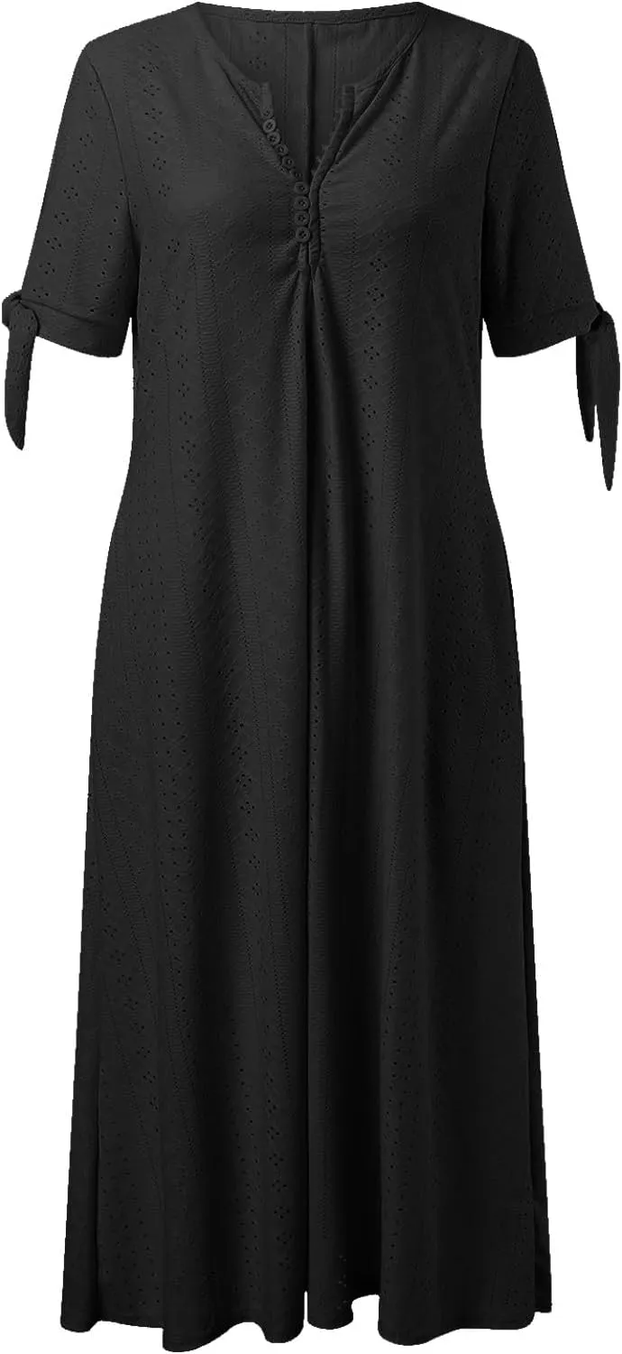 Photno Maxi Sundresses for Women 2025 Trendy Short Sleeve Eyelet Long Tshirt Dress Casual Summer Beach Vacation Hollow Dress
