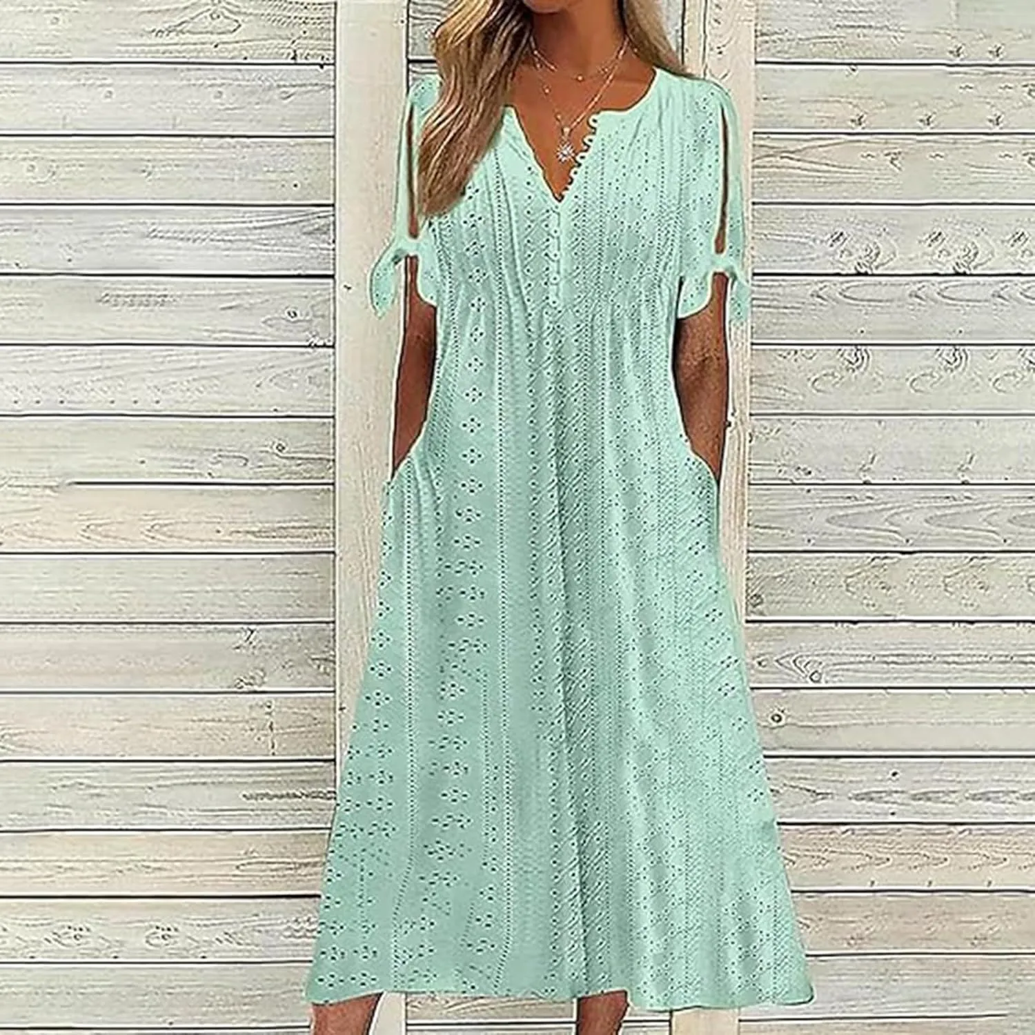 Photno Maxi Sundresses for Women 2025 Trendy Short Sleeve Eyelet Long Tshirt Dress Casual Summer Beach Vacation Hollow Dress
