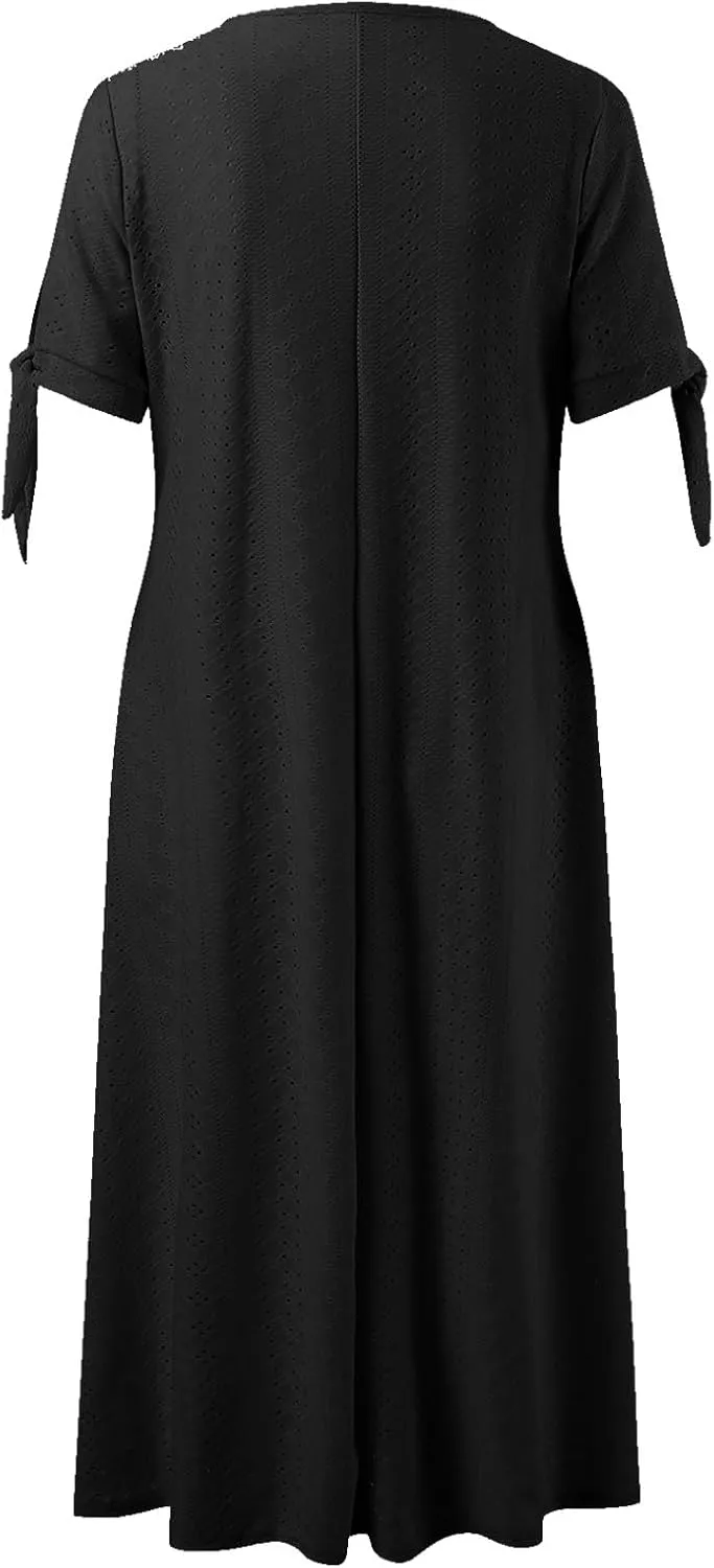 Photno Maxi Sundresses for Women 2025 Trendy Short Sleeve Eyelet Long Tshirt Dress Casual Summer Beach Vacation Hollow Dress