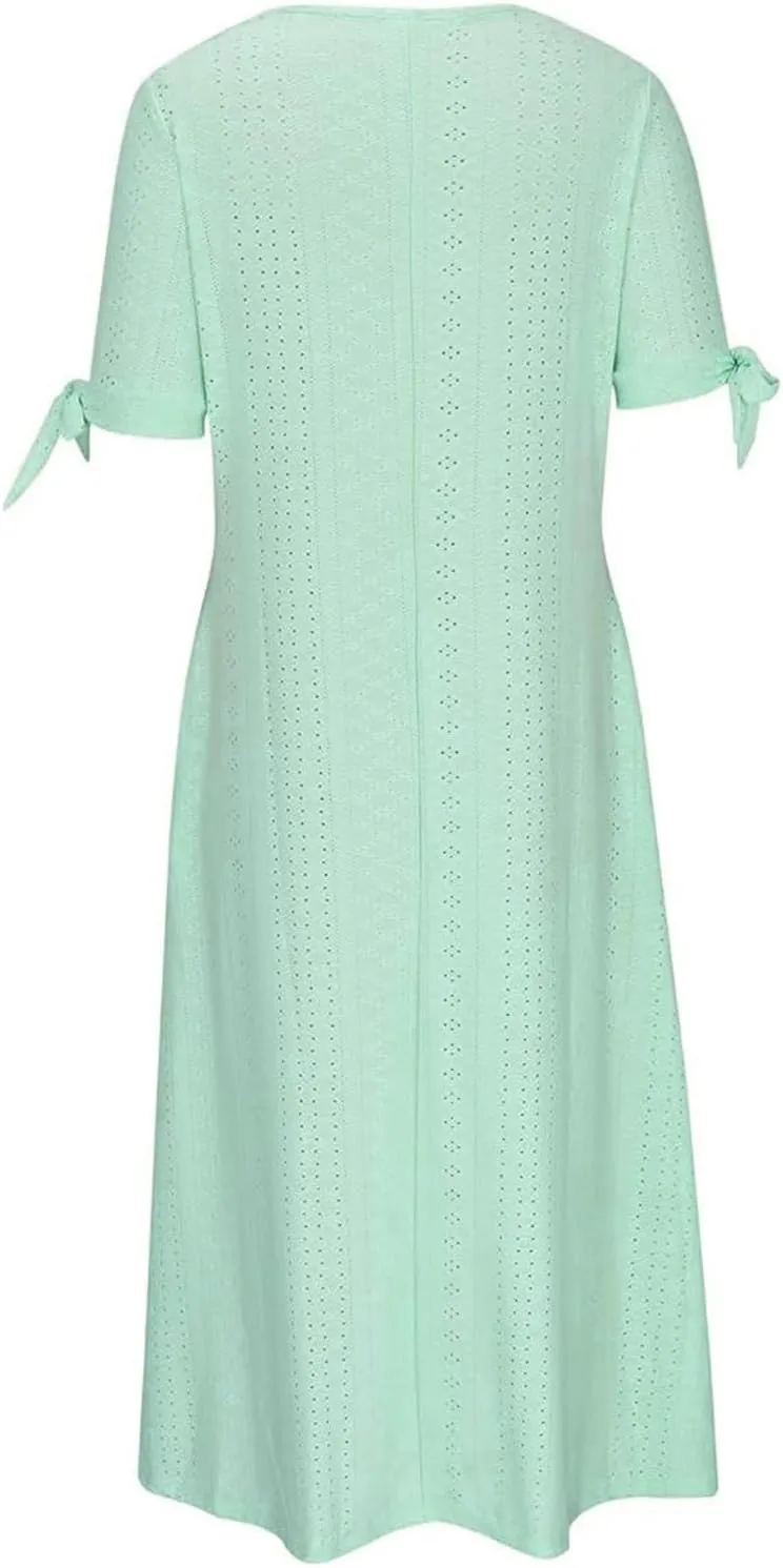 Photno Maxi Sundresses for Women 2025 Trendy Short Sleeve Eyelet Long Tshirt Dress Casual Summer Beach Vacation Hollow Dress