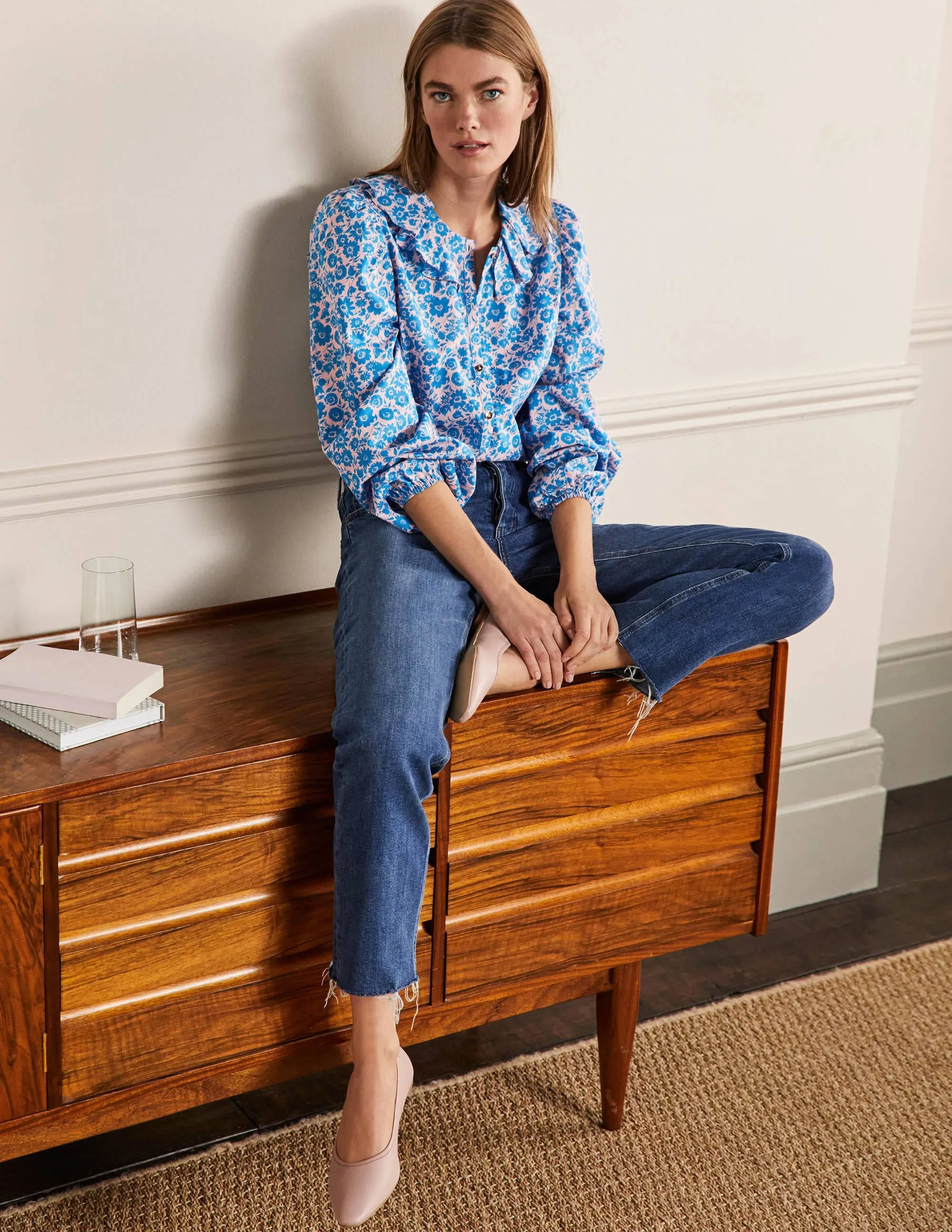 Pleated Collar Blouse-Moroccan Blue Elegant Bloom