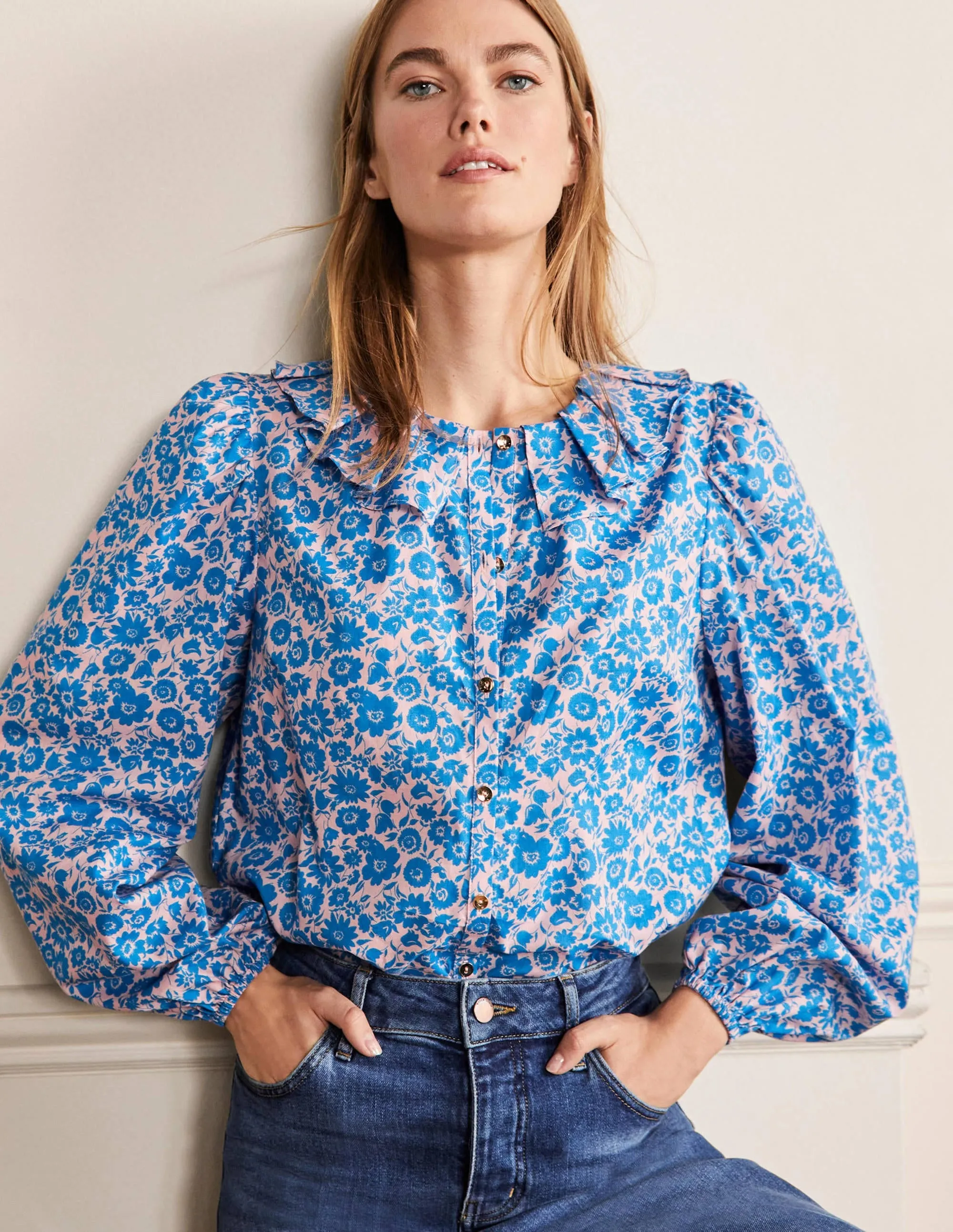 Pleated Collar Blouse-Moroccan Blue Elegant Bloom