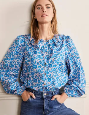Pleated Collar Blouse-Moroccan Blue Elegant Bloom