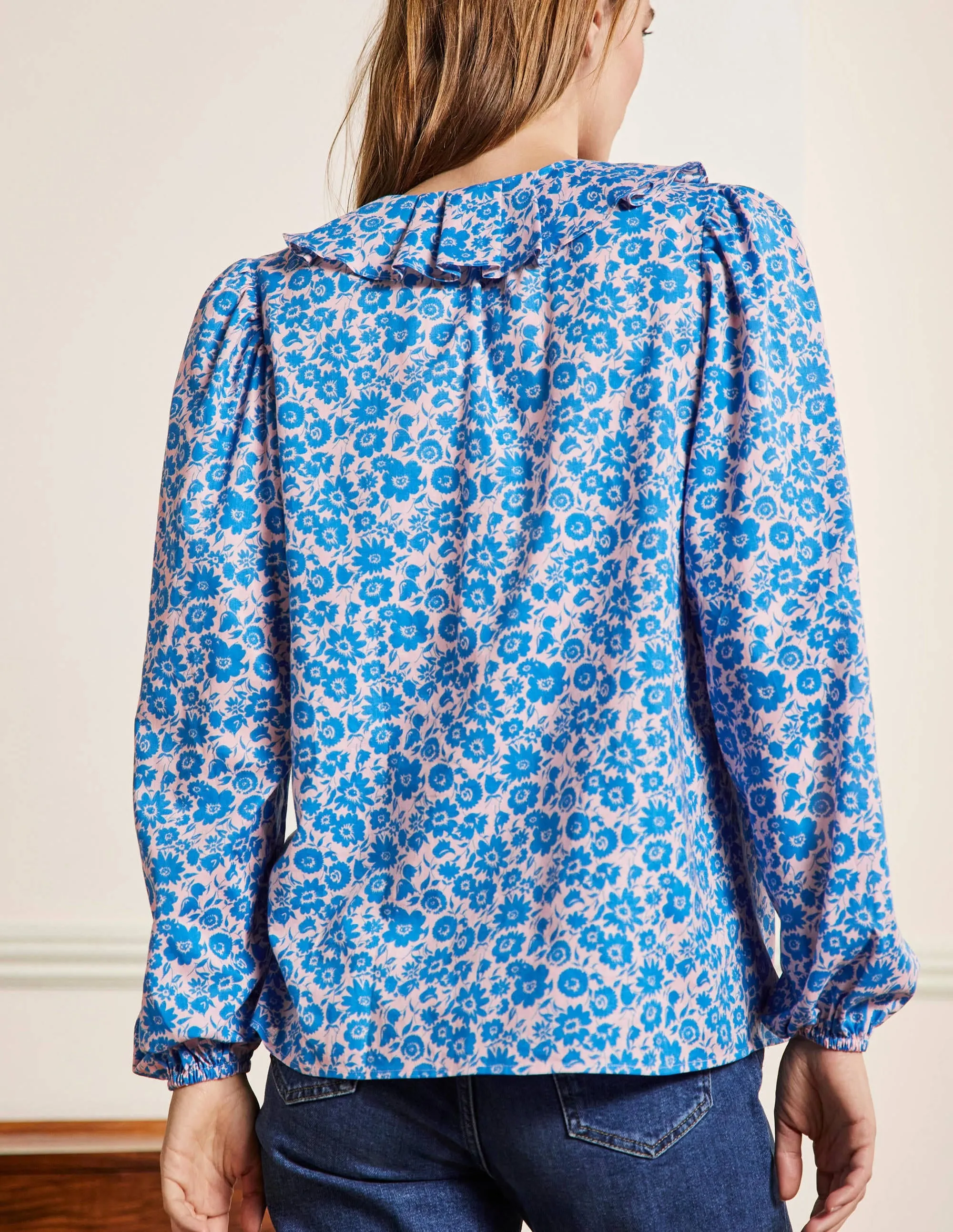 Pleated Collar Blouse-Moroccan Blue Elegant Bloom