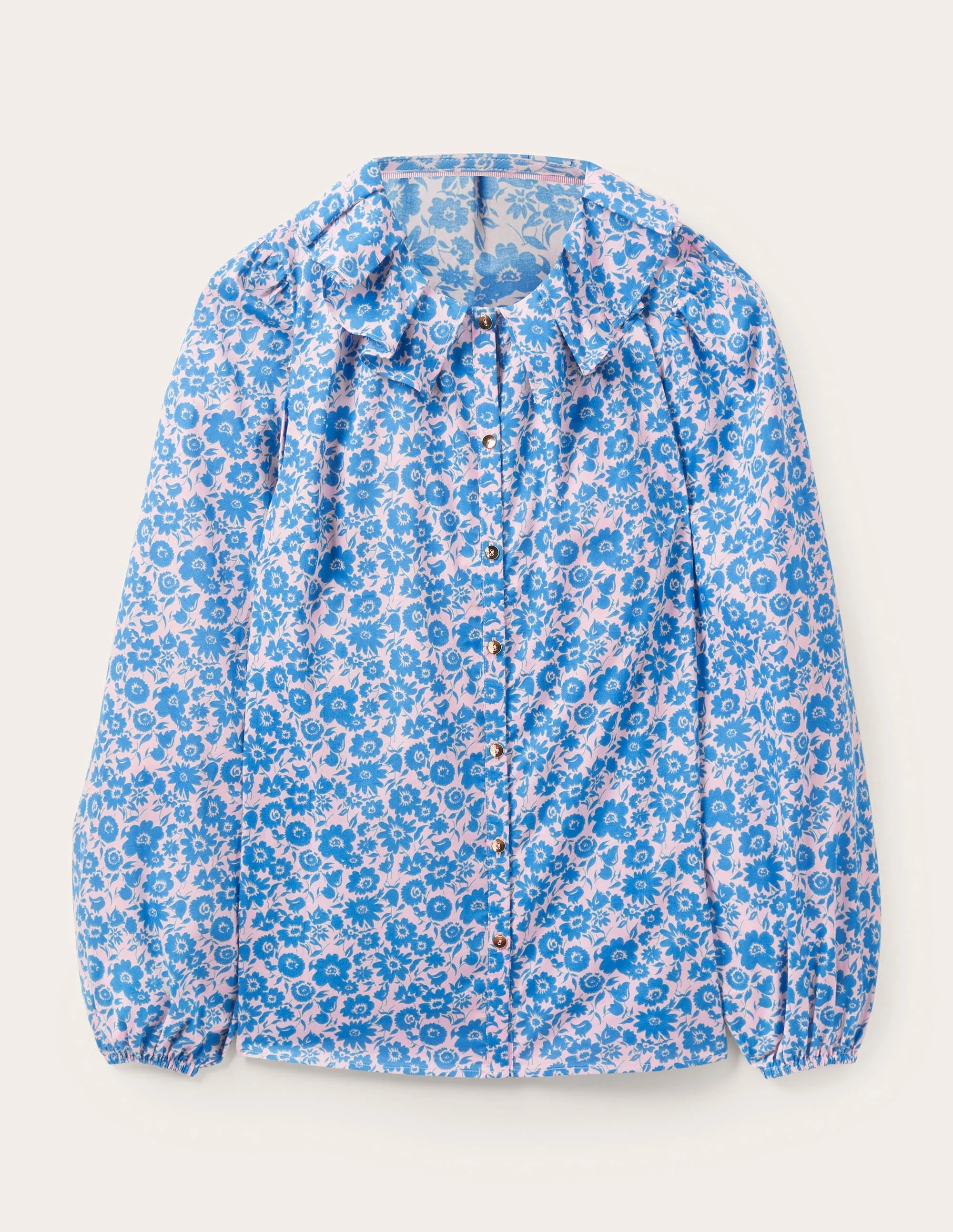 Pleated Collar Blouse-Moroccan Blue Elegant Bloom