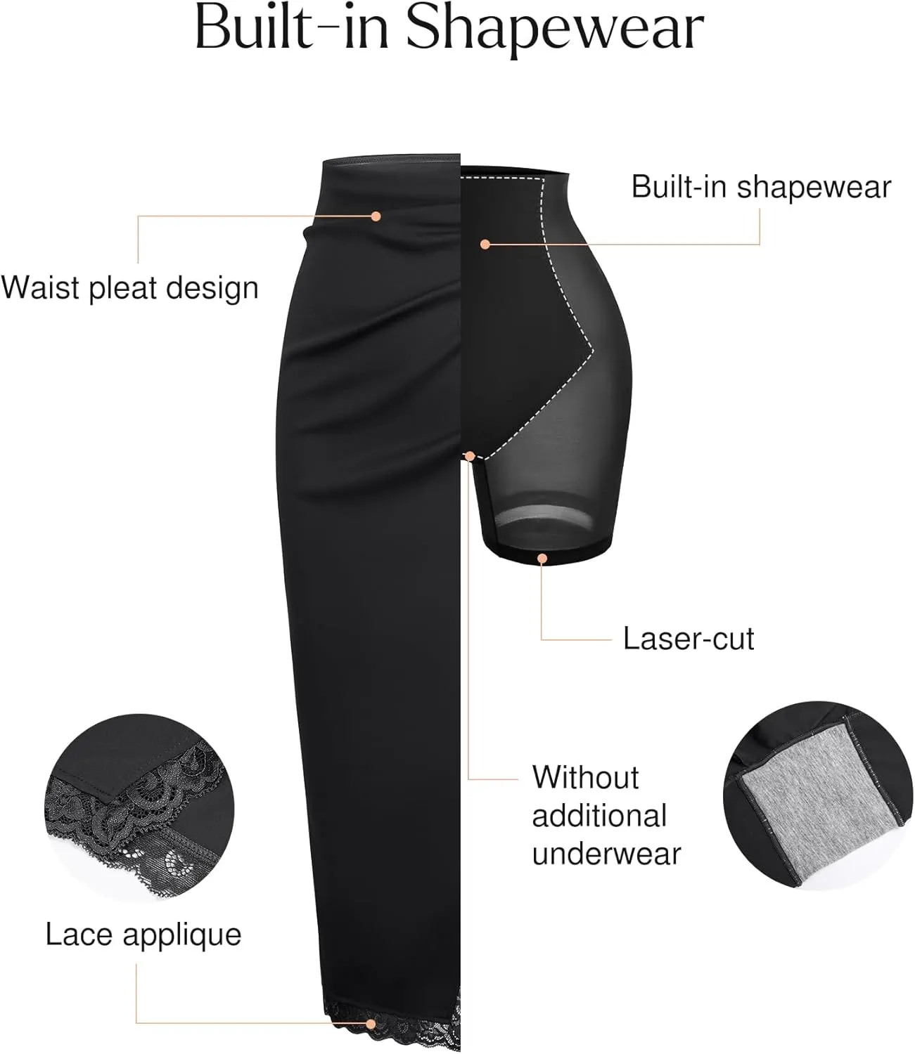 Popilush Midi Skirts for Women Lace Shapewear Split Satin High Waisted Bodycon Long Skirt Built-in Tummy Control