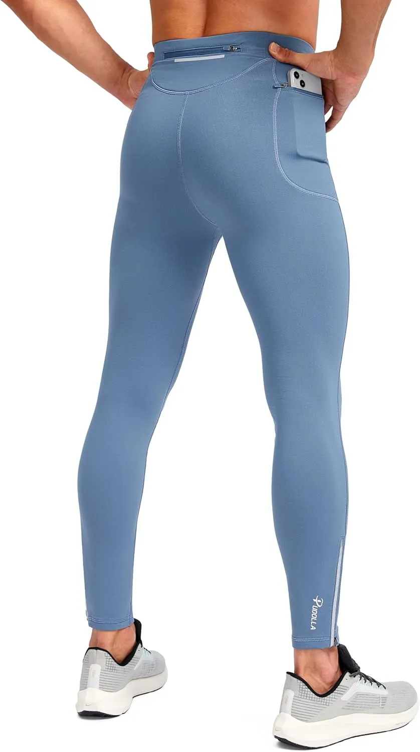 Pudolla Men's Thermal Running Tights with 3 Zipper Pockets Workout Compression Leggings Cycling Pants for Men Hiking Jogging