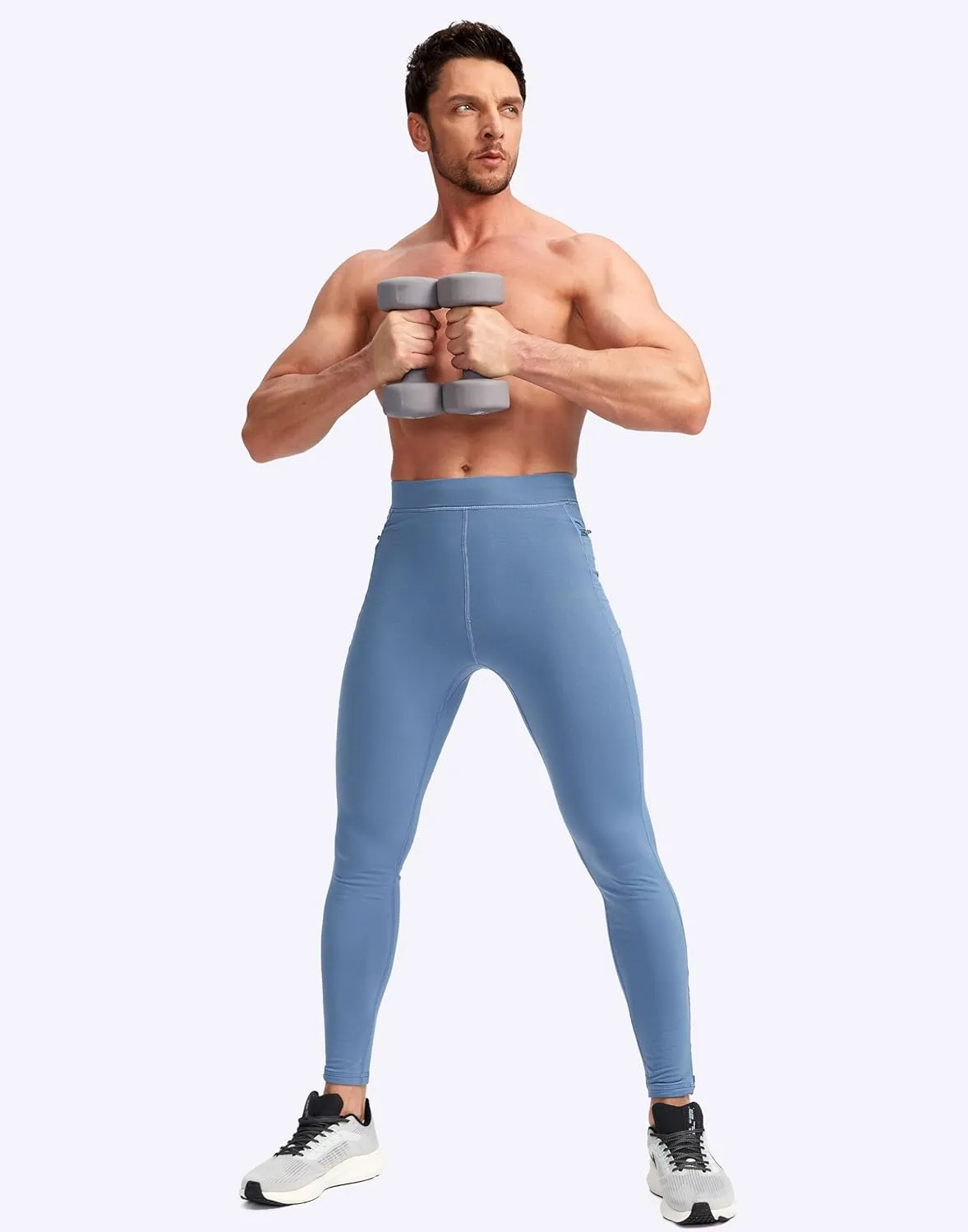 Pudolla Men's Thermal Running Tights with 3 Zipper Pockets Workout Compression Leggings Cycling Pants for Men Hiking Jogging