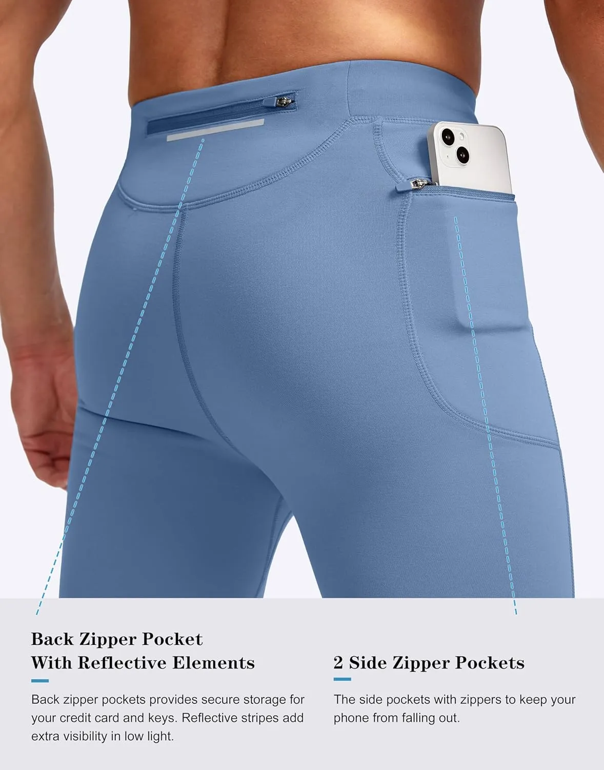 Pudolla Men's Thermal Running Tights with 3 Zipper Pockets Workout Compression Leggings Cycling Pants for Men Hiking Jogging