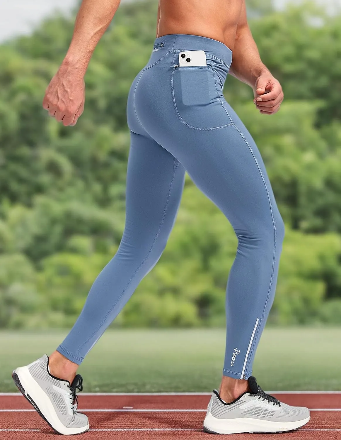 Pudolla Men's Thermal Running Tights with 3 Zipper Pockets Workout Compression Leggings Cycling Pants for Men Hiking Jogging