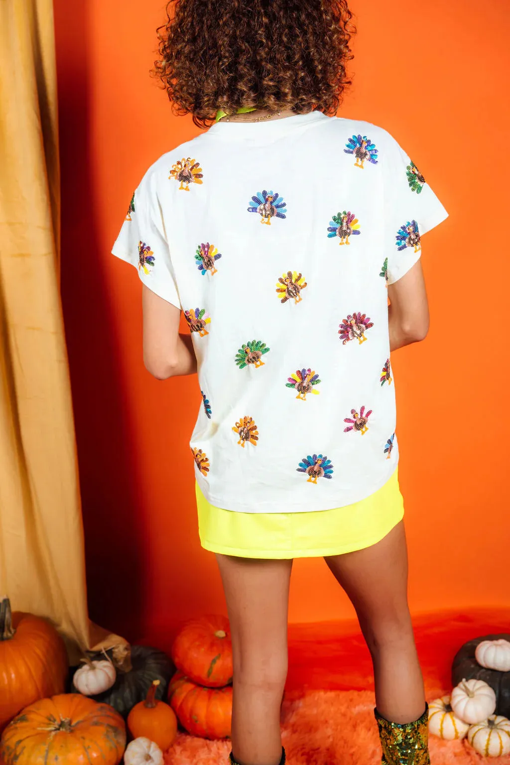 Queen Of Sparkles Beige Multi Scattered Turkey Tee
