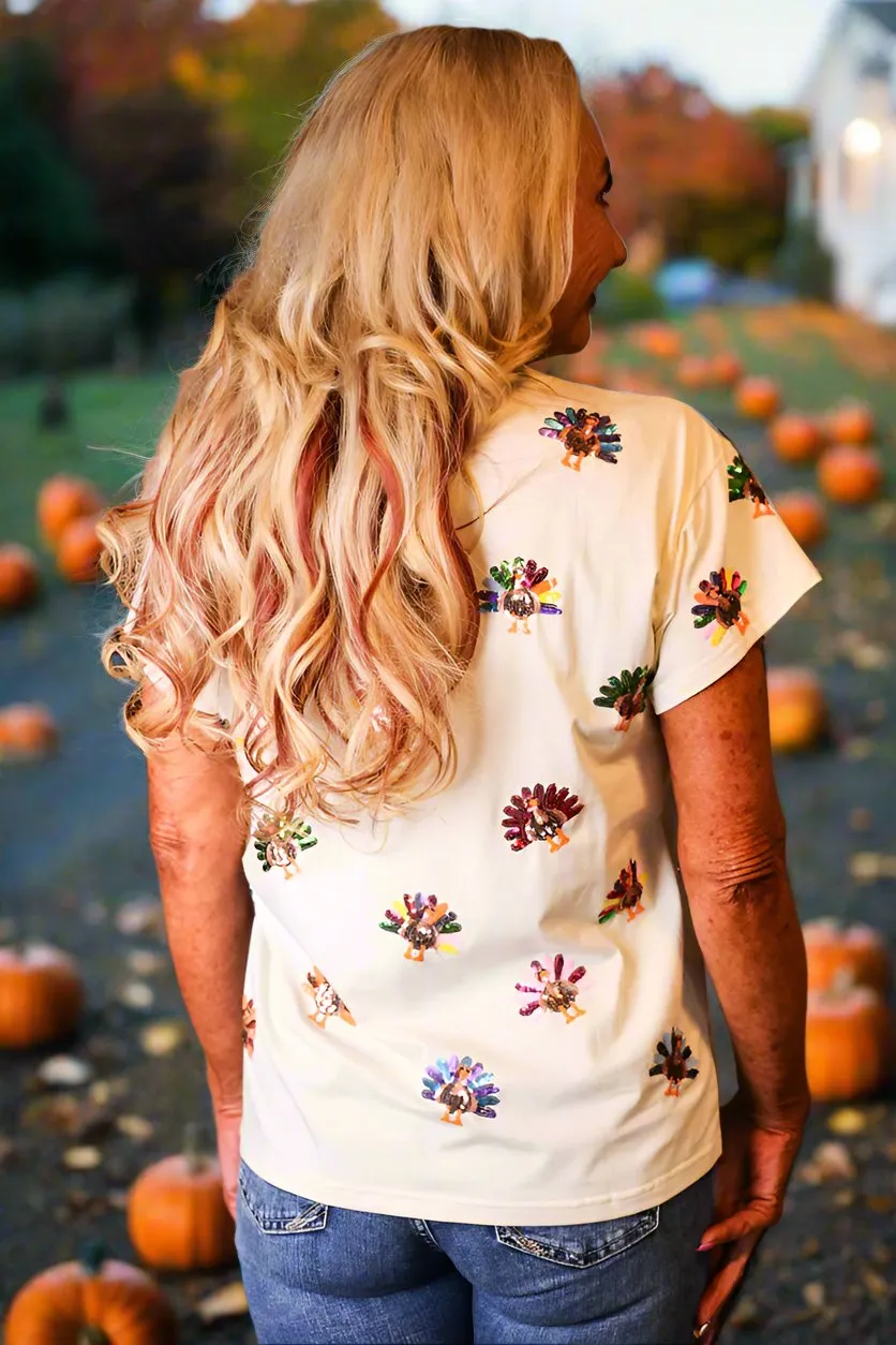 Queen Of Sparkles Beige Multi Scattered Turkey Tee