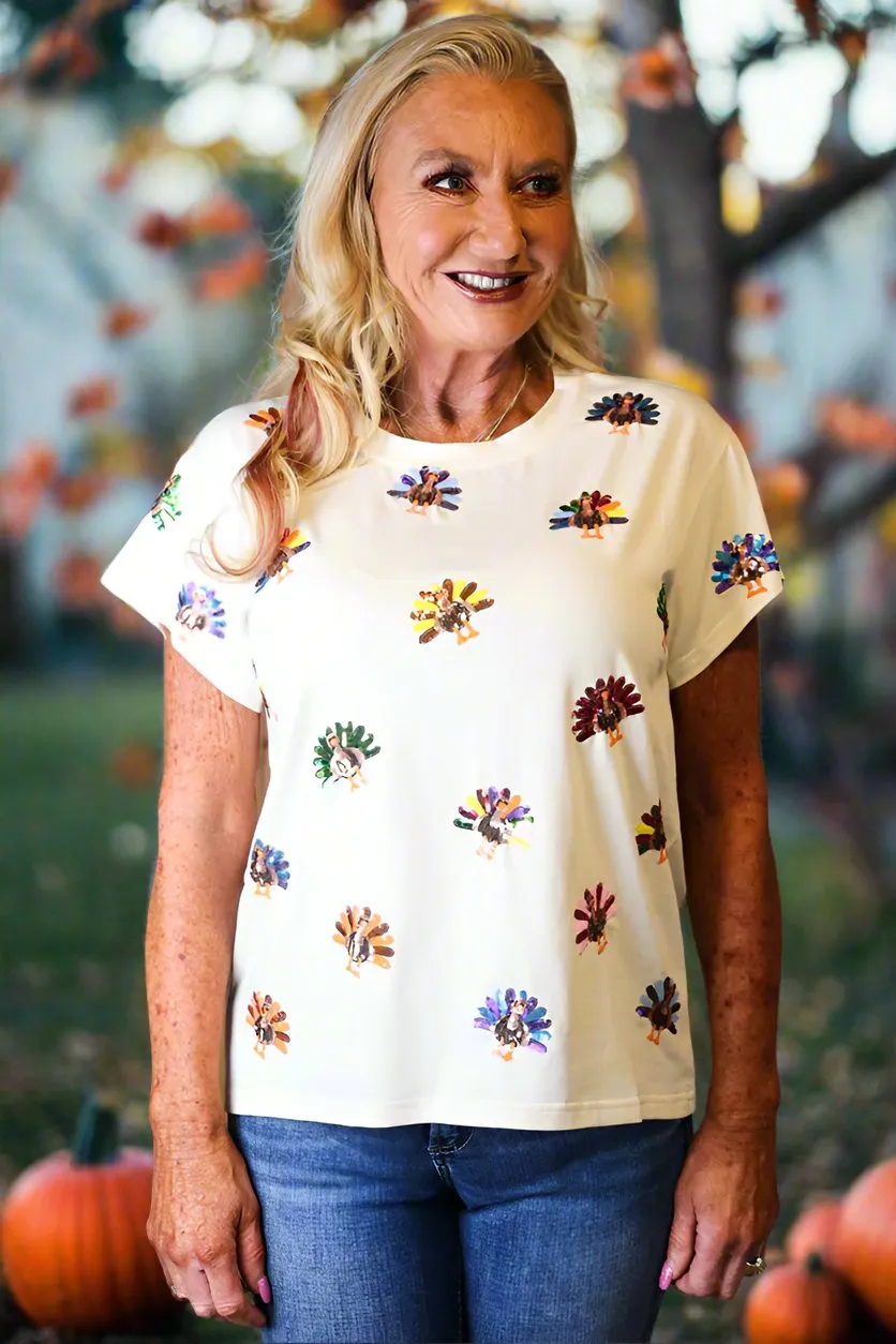 Queen Of Sparkles Beige Multi Scattered Turkey Tee