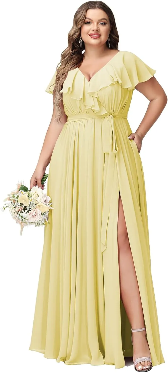 Raseal Women's Plus Size V Neck Bridesmaid Dresses with Pockets Ruffle Chiffon Slit Formal Evening Maxi Dress with Belt RS016