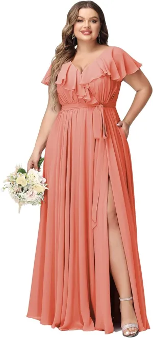 Raseal Women's Plus Size V Neck Bridesmaid Dresses with Pockets Ruffle Chiffon Slit Formal Evening Maxi Dress with Belt RS016