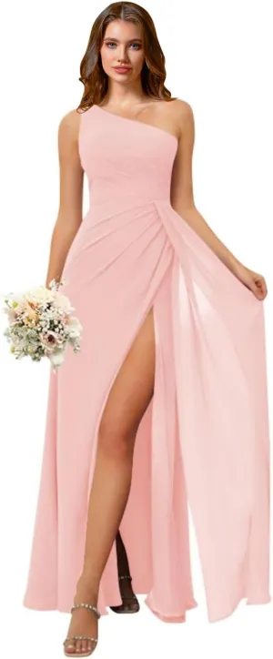 Rjer One Shoulder Bridesmaid Dresses for Women Long Ruched Chiffon A Line Formal Evening Dress with Slit