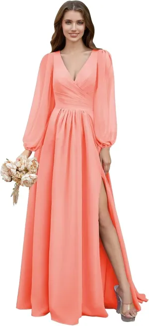Rjer V Neck Chiffon Bridesmaid Dresses with Slit Long Lantern Sleeves Pleated Maxi Formal Party Gowns