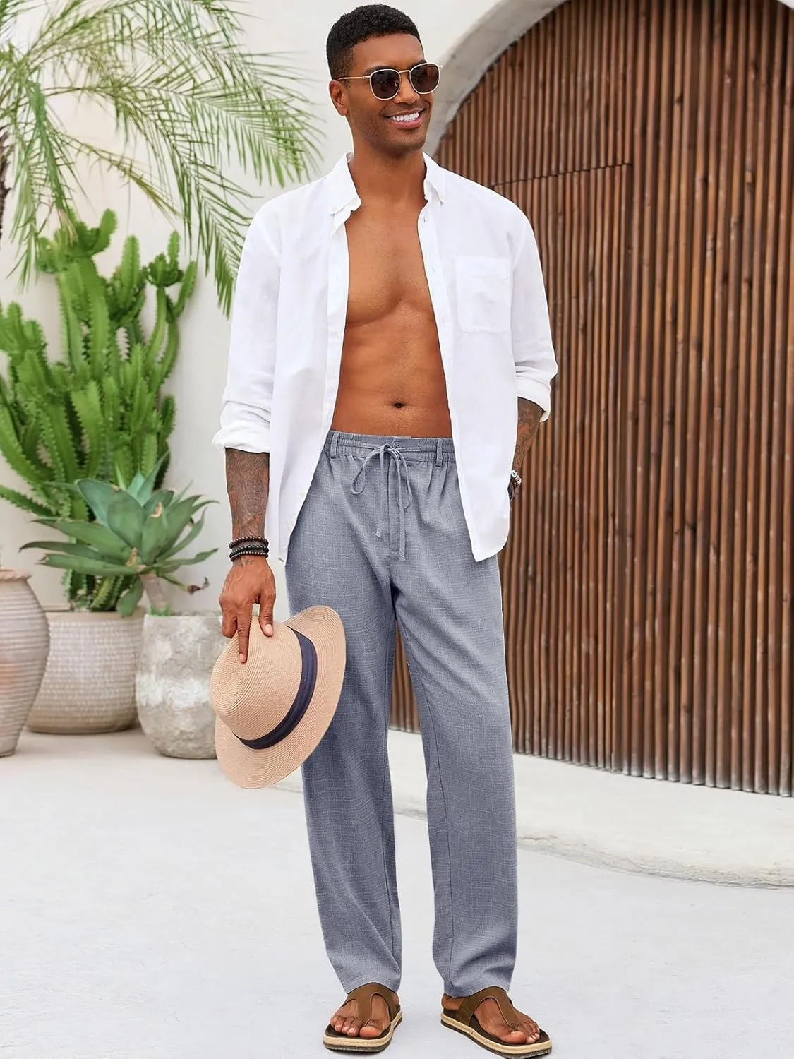 Runcati Mens Casual Pants Linen Elastic Waist Drawstring Lightweight Pants Loose Fit Summer Beach Yoga Trouser