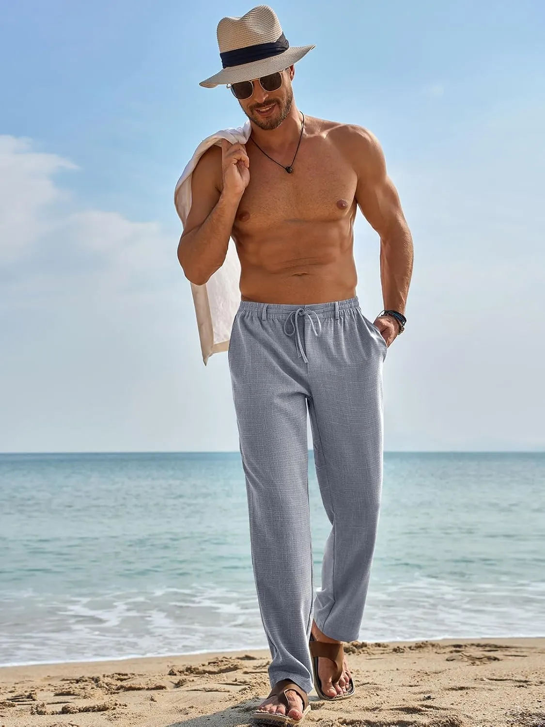 Runcati Mens Casual Pants Linen Elastic Waist Drawstring Lightweight Pants Loose Fit Summer Beach Yoga Trouser