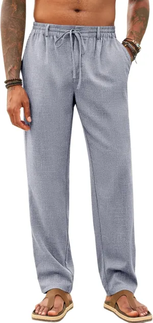 Runcati Mens Casual Pants Linen Elastic Waist Drawstring Lightweight Pants Loose Fit Summer Beach Yoga Trouser