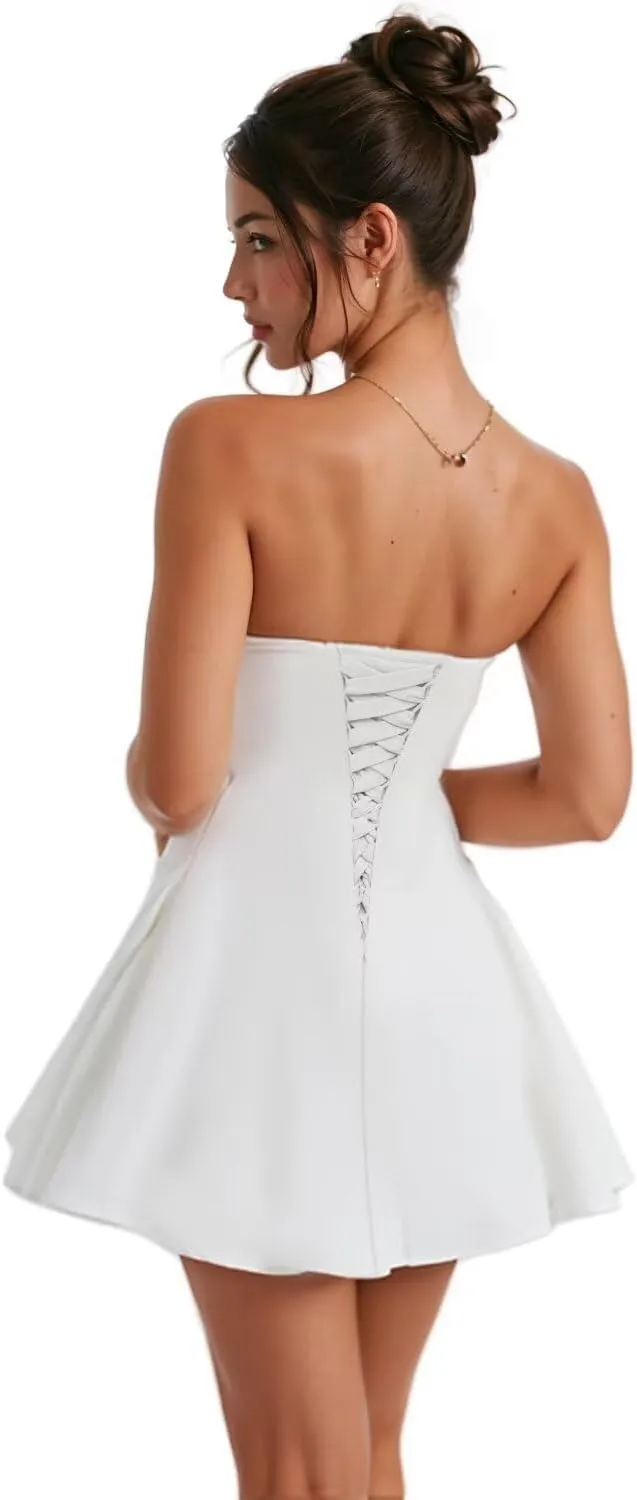Satin Mini Homecoming Dresses for Teens with Bow A-line Pleated Formal Party Dress AD029
