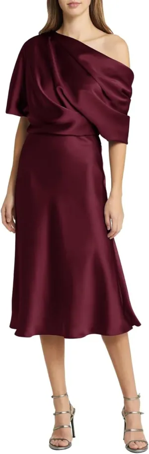 Satin Mother of The Bride Dresses for Wedding Formal One Shoulder A Line Cocktail Midi Dress for Women