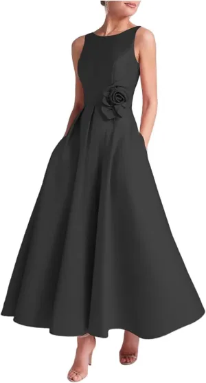 Satin Prom Dresses 2025 Tea Length Boat Neck Satin Formal Gown A Line Mother of Bride Dresses with Pockets