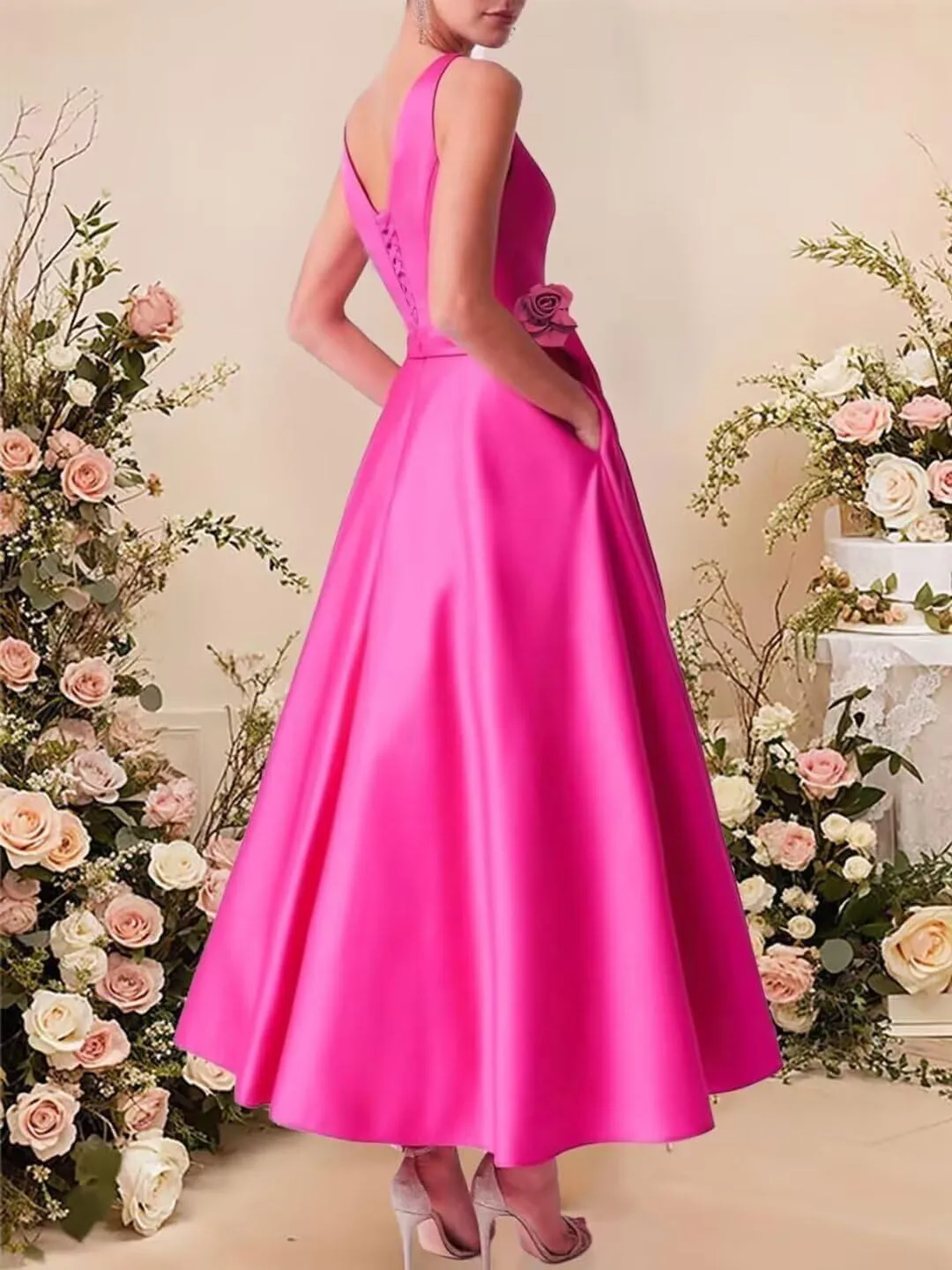 Satin Prom Dresses 2025 Tea Length Boat Neck Satin Formal Gown A Line Mother of Bride Dresses with Pockets
