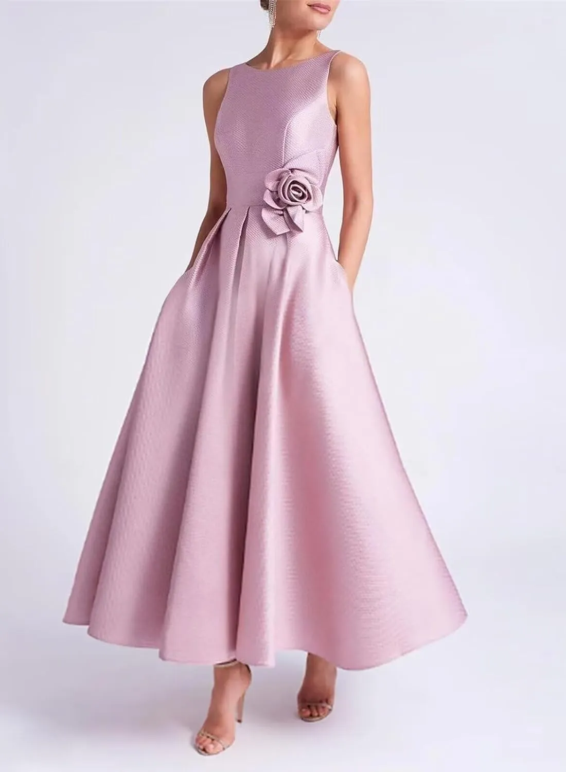 Satin Prom Dresses 2025 Tea Length Boat Neck Satin Formal Gown A Line Mother of Bride Dresses with Pockets