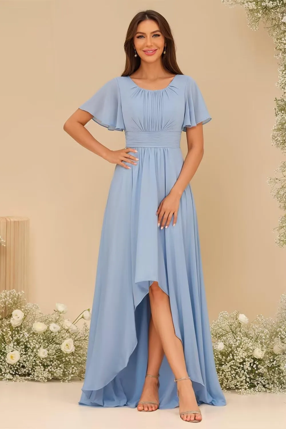 Scoop Neck Bridesmaid Dresses 2025 Long Chiffon High Low Formal Evening Dress QA217