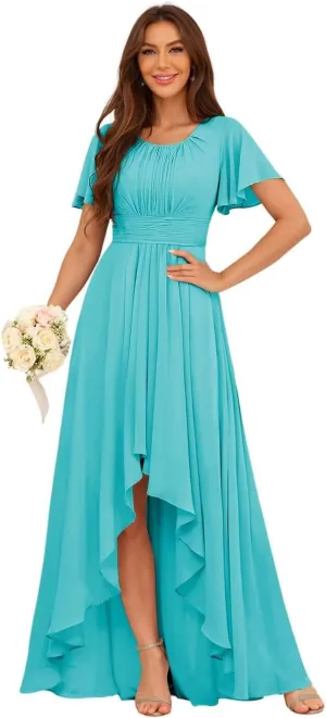Scoop Neck Bridesmaid Dresses 2025 Long Chiffon High Low Formal Evening Dress QA217