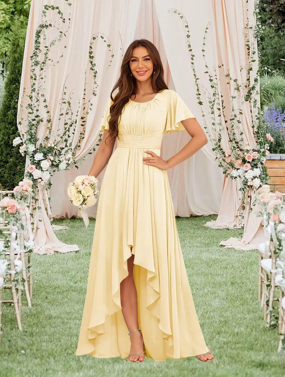 Scoop Neck Bridesmaid Dresses 2025 Long Chiffon High Low Formal Evening Dress QA217