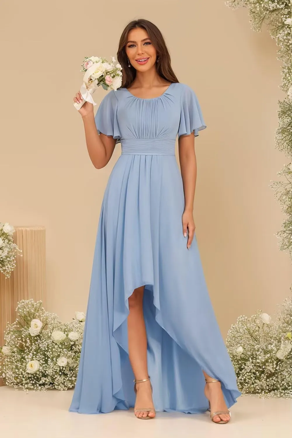 Scoop Neck Bridesmaid Dresses 2025 Long Chiffon High Low Formal Evening Dress QA217