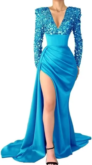 Sequin Mermaid Prom Dresses for Women 2025 Long Sleeve V Neck Satin Formal Evening Party Gowns with Slit