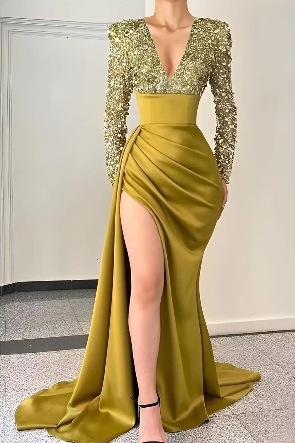 Sequin Mermaid Prom Dresses for Women 2025 Long Sleeve V Neck Satin Formal Evening Party Gowns with Slit