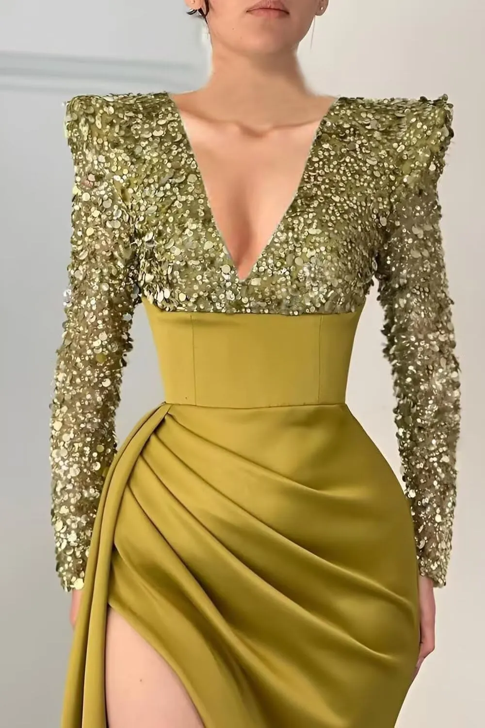 Sequin Mermaid Prom Dresses for Women 2025 Long Sleeve V Neck Satin Formal Evening Party Gowns with Slit