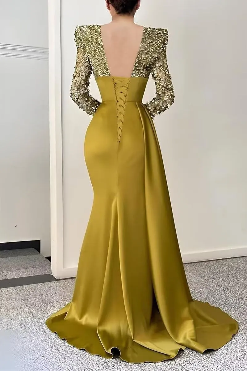 Sequin Mermaid Prom Dresses for Women 2025 Long Sleeve V Neck Satin Formal Evening Party Gowns with Slit