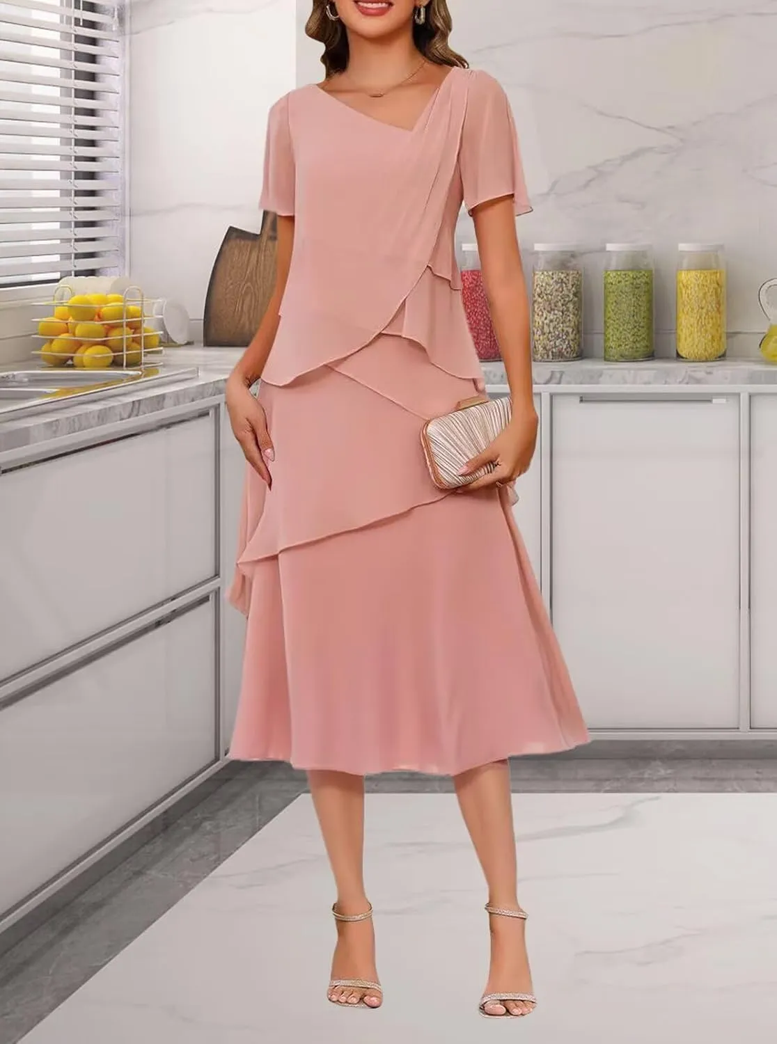 Short Mother of The Bride Dresses for Wedding 2025 Chiffon A Line Evening Dress with Sleeve