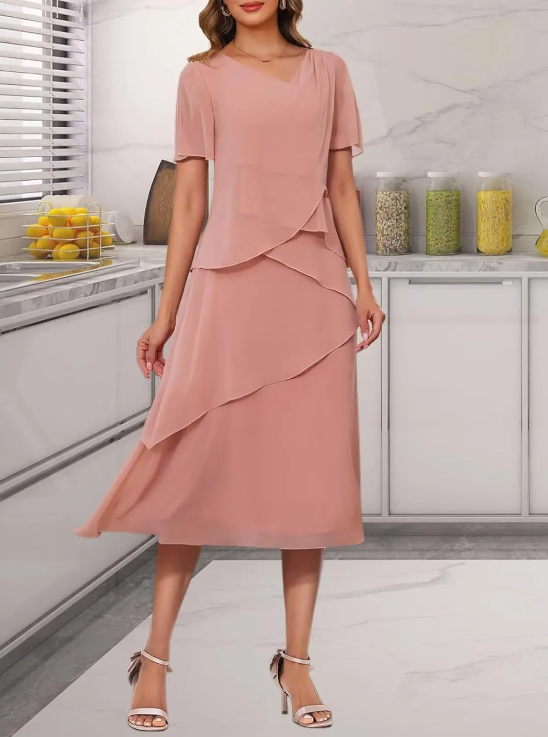 Short Mother of The Bride Dresses for Wedding 2025 Chiffon A Line Evening Dress with Sleeve