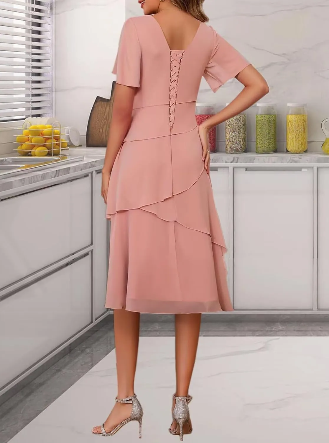 Short Mother of The Bride Dresses for Wedding 2025 Chiffon A Line Evening Dress with Sleeve