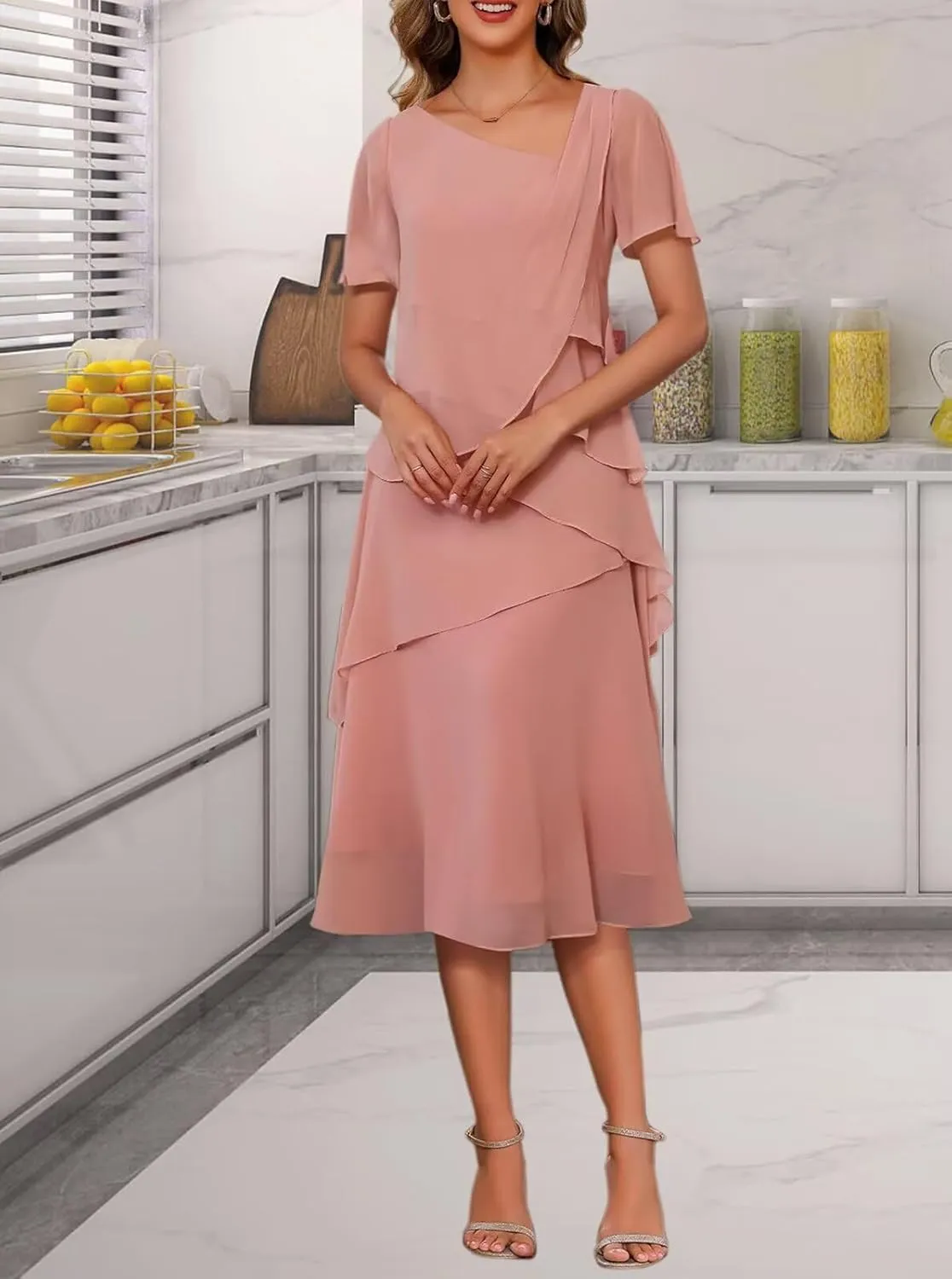 Short Mother of The Bride Dresses for Wedding 2025 Chiffon A Line Evening Dress with Sleeve